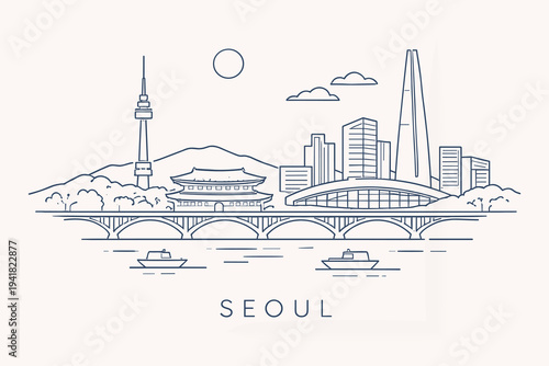 Seoul South Korea Skyline Line Art Vector Illustration