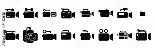 video camera technology web icon set in silhouette style.