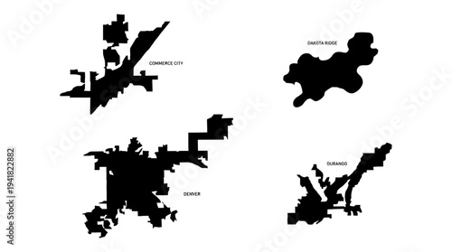 Collection of Black Silhouette Map Outlines for Colorado Cities Denver, Commerce City, Dakota Ridge, and Durango
