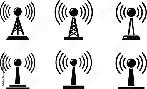 Radio tower icons vector illustration showing wireless communication signals, broadcasting waves, internet connectivity, dig