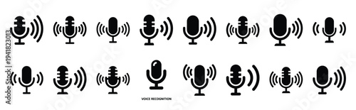 voice recognition technology web icon set in silhouette style.