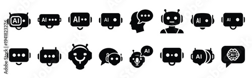 ai chatbot technology web icon set in silhouette style.