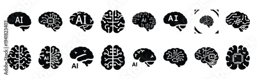 ai brain technology web icon set in silhouette style.