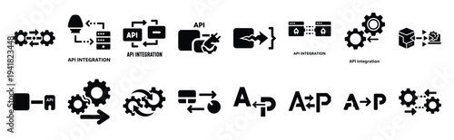 api integration technology web icon set in silhouette style.