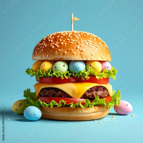 Easter burger with eggs instead of usual fillings. Blue background