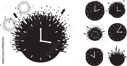Abstract black clocks with splashes of paint and time