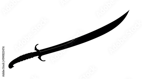 A silhouette of a curved blade sword, representing strength and historical weapon. The blade is curved and sharp, indicating its ability to inflict damage.