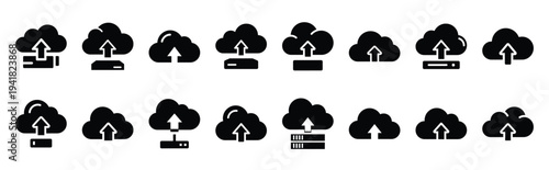 cloud backup technology web icon set in silhouette style.