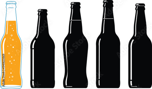 Beverage bottles vector illustration, carbonated drink design, soda bottle with bubbles artwork, black silhouette packaging concept, branding product icon drawing