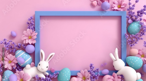 A rectangular frame for an inscription with an Easter background: multi-colored decorated eggs and flowers, and white rabbits, on a pink pastel background