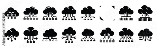 cloud network technology web icon set in silhouette style.