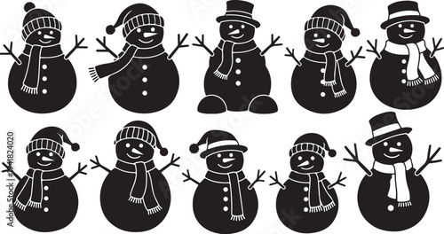 Black and white snowmen in various winter hats and scarves