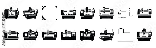 cnc machine technology web icon set in silhouette style.