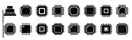 cpu processor technology web icon set in silhouette style.