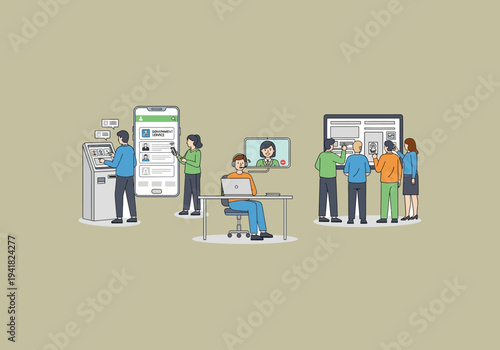 Vector Ilustration Flat Design Idea Diverse Team Collaborating on Digital Projects and Customer Service.