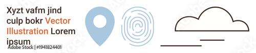 Geolocation, biometric security, data privacy, identity verification, weather forecast, navigation systems. A map pin, fingerprint and cloud icons in a minimalist design. Geolocation and biometric