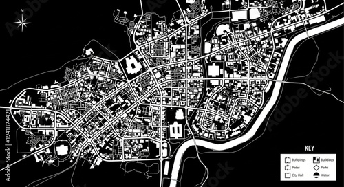 Detailed Black and White City Plan Depicting Urban Layout.