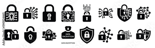 data encryption technology web icon set in silhouette style.