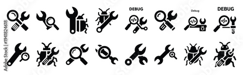 debug tool technology web icon set in silhouette style.