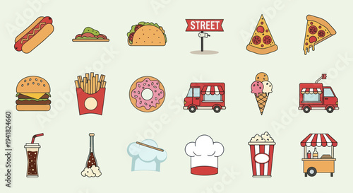 A colorful flat line icon set of street food and fast food items like pizza burgers and food trucks.