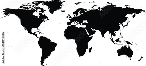 World map silhouette showing global continents geography illustration representing international travel, earth navigation, worldwide communication and global business concept