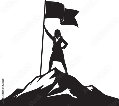 Woman triumphantly waves a flag atop a mountain stark silhouette