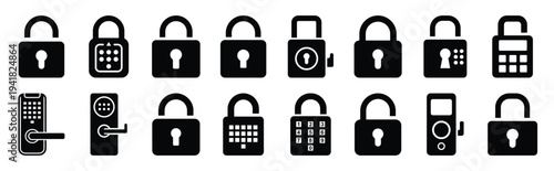 digital lock technology web icon set in silhouette style.