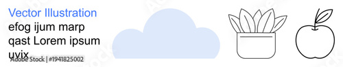 Nature, health, nutrition, eco-lifestyle, wellness, simplicity. Minimalist icons including a cloud, potted plant and apple. Nature and health concepts for visual communication