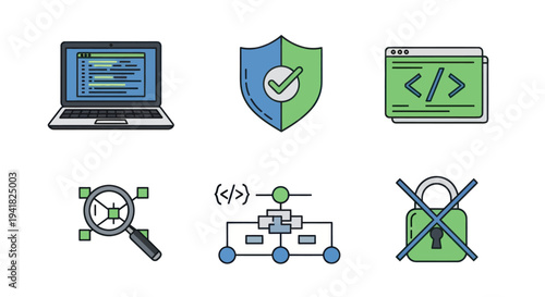 Colorful Vector Icons Representing Computer Programming and Security.