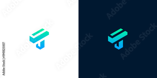 Modern abstract letter T logo design concept with gradient colors on white and dark background, representing technology and innovation