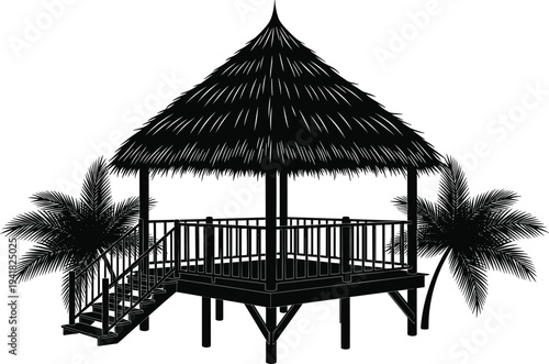 Tropical gazebo silhouette illustration with palm trees, stilted hut vector design featuring thatched roof, deck, resort architecture for vacation, travel, nature, art