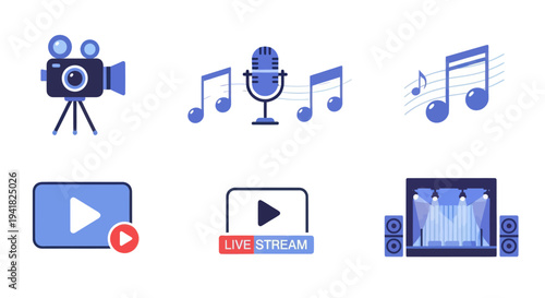 Collection of icons representing video recording music and live streaming technology.