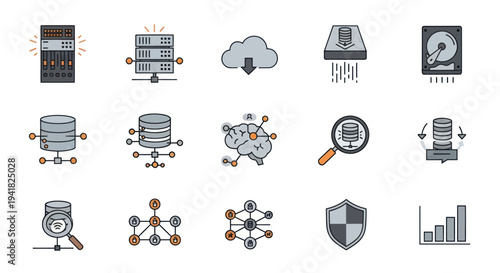 A collection of colorful line art icons for data science big data servers cloud computing and networking.