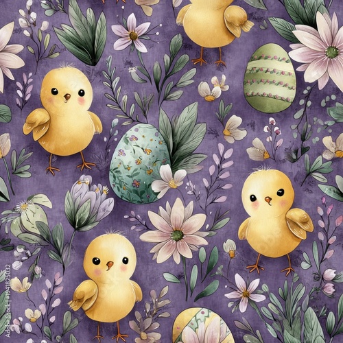 Easter wallpaper with ornaments: yellow chicks, Easter eggs, and flowers on a purple background