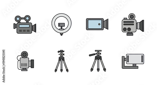Collection of Video Recording Equipment: Cameras Ring Light and Tripods.