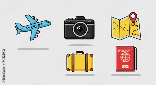 Travel Icons: Airplane Camera Map Suitcase and Passport Illustration.