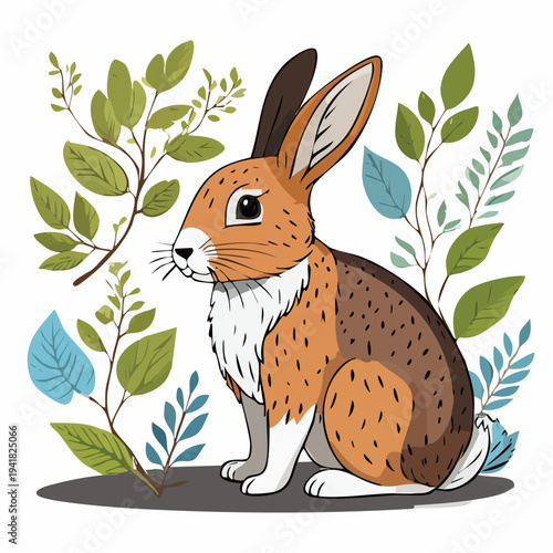 Brown rabbit sitting on ground looking left.