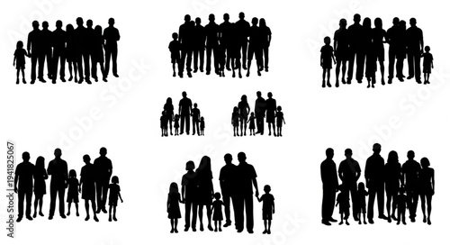 Silhouetted Groups of People Gathered Together in Various Formations.