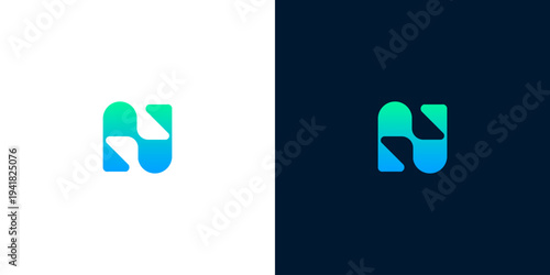 Abstract 'N' letter logo design in gradient blue and green colors on white and dark blue backgrounds, symbolizing technology and innovation