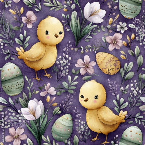 Easter wallpaper with ornaments: yellow chicks, Easter eggs, and flowers on a purple background