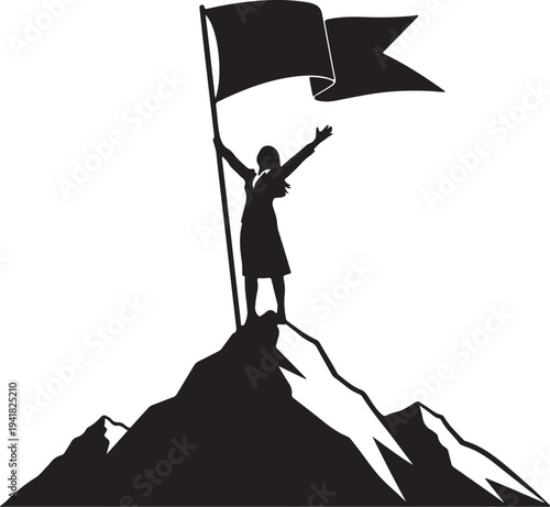 Victorious woman raises arms atop a mountain a striking silhouette