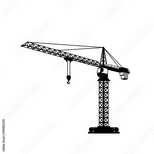 Silhouette of a construction crane against white background.