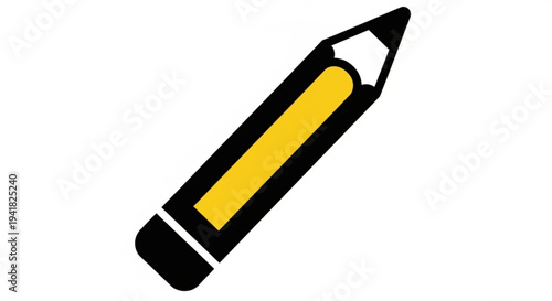 Yellow pencil icon with black outline and white eraser on transparent background
