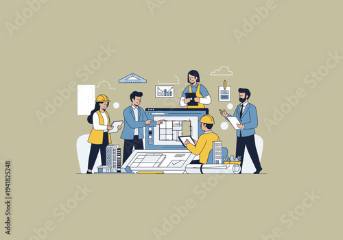 Vector Ilustration Flat Design Idea Diverse Team of Architects Collaborating on Building Plans.