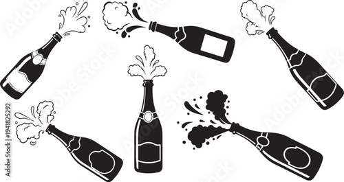 Black and white illustration of champagne bottles exploding freely
