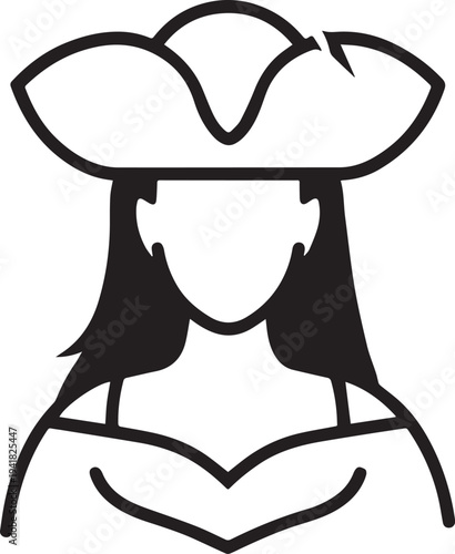 Hand Drawn Woman Pirate Black and White Avatar Illustration in Minimal Line Art Style Design