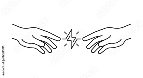 Two Hands Reaching Toward a Lightning Bolt Spark Minimalist Line Art.
