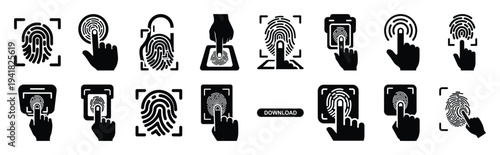 fingerprint scan technology web icon set in silhouette style.