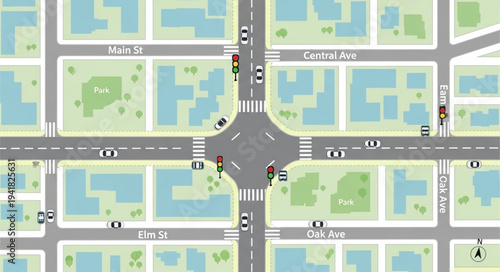 Aerial View of a Busy Urban Intersection with Traffic.
