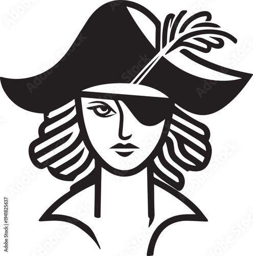 Hand Drawn Woman Pirate Black and White Avatar Illustration in Minimal Line Art Style Design